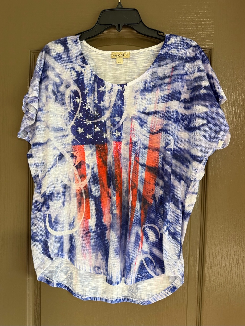 ONE WORLD Blue and Red Flag-Print Short Sleeve Tee